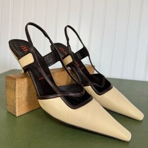 Miu Miu Cream and Dark Brown Leather Pointed Slingback Heels